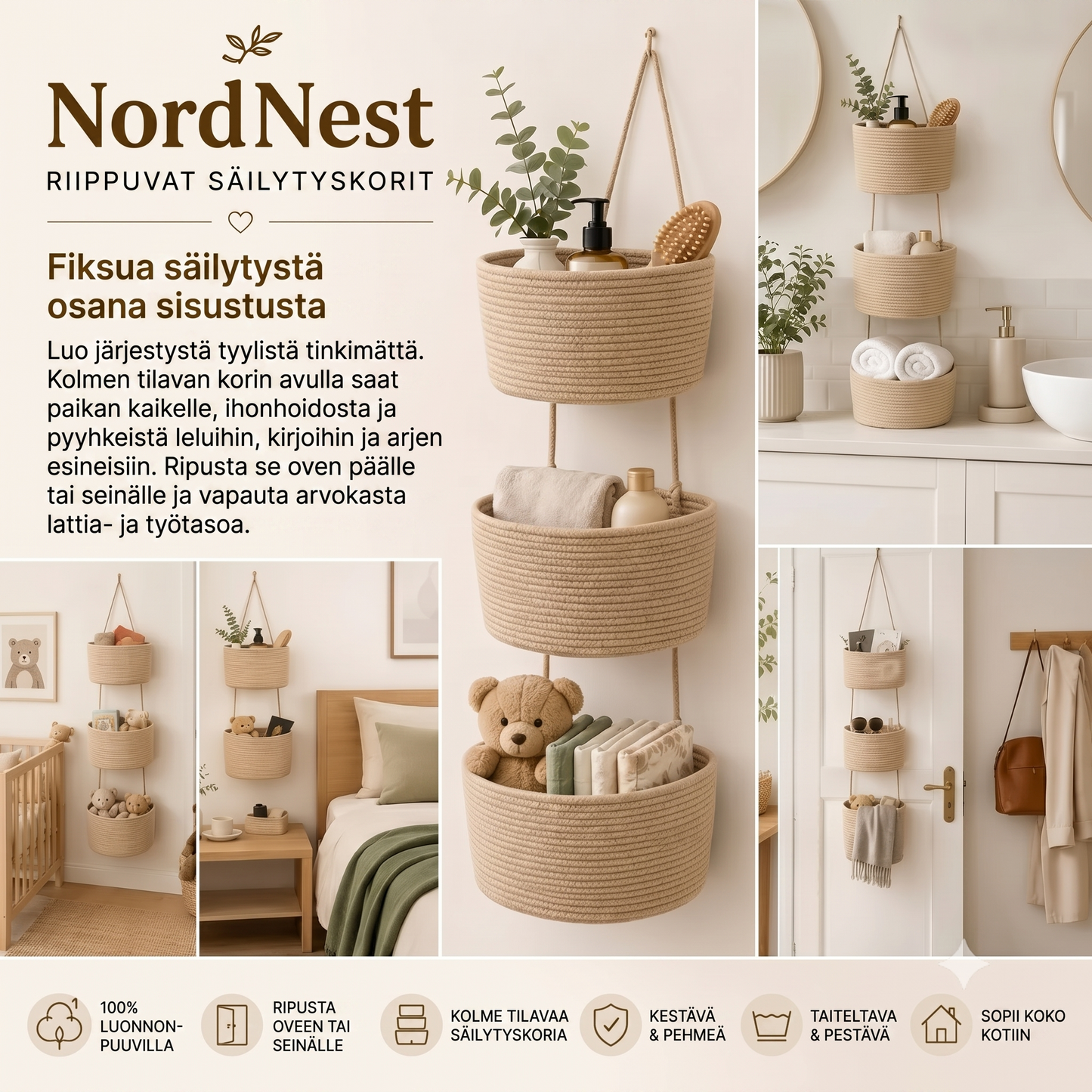 NordNest kolmiluokkainen riippuva puuvillainen säilytyskori