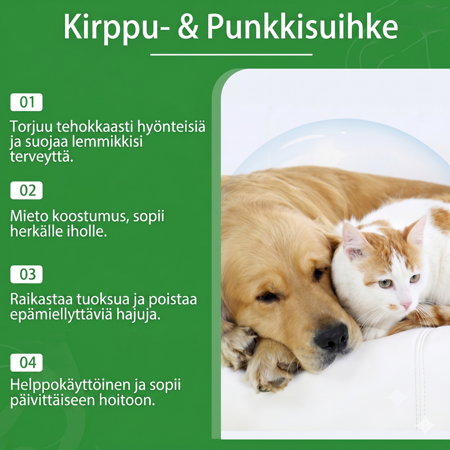 Luonnollinen kirppu- ja punkkisuihke koirille ja kissoille