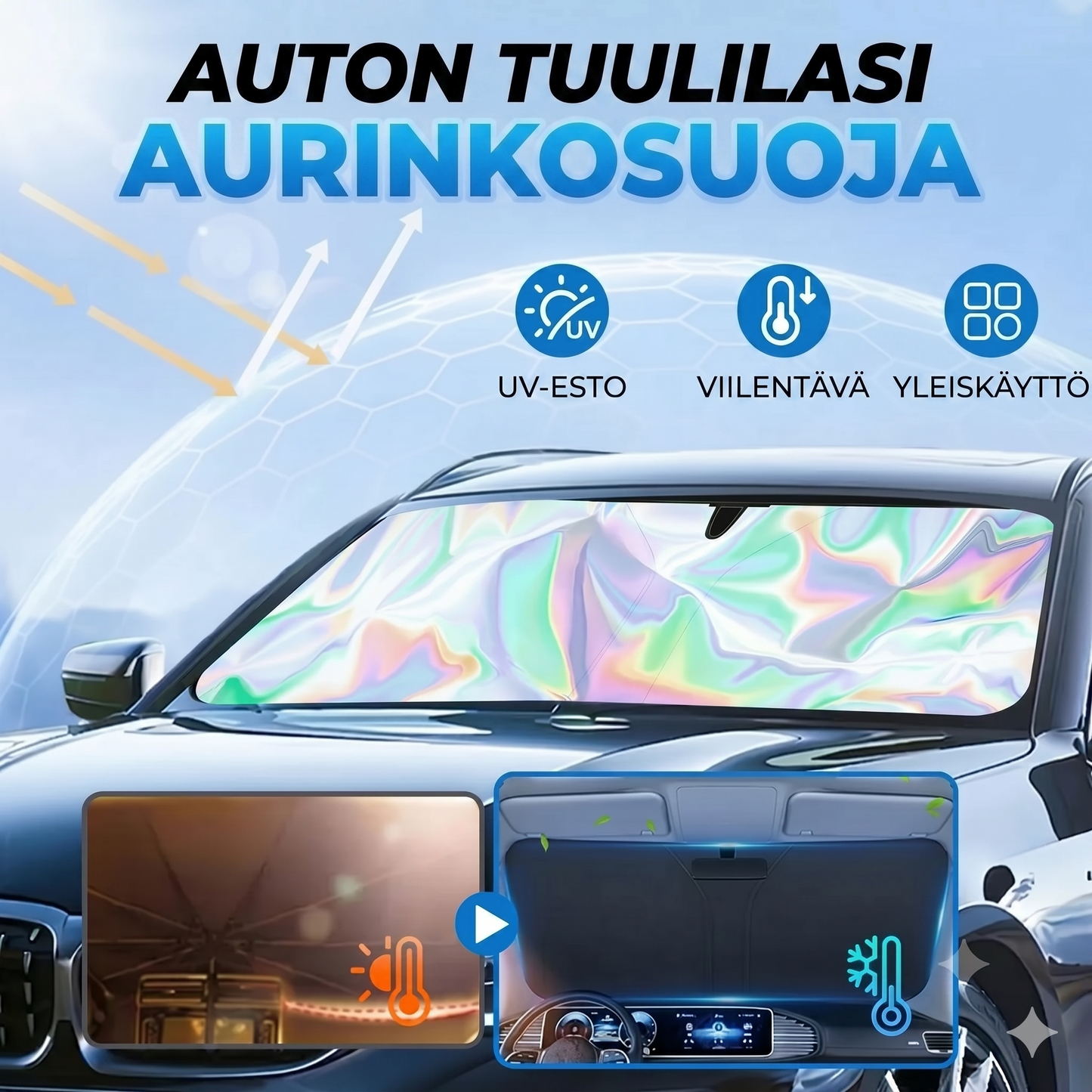 Auton ikkunan aurinkosuoja heijastavalla alumiinipinnoitteella äärimmäistä kuumuutta vastaan