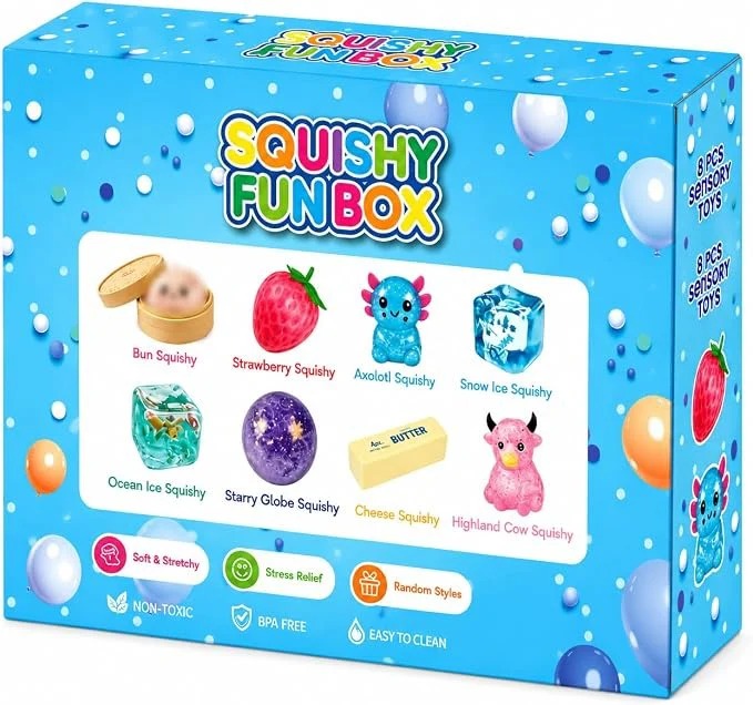 Squishy Fun Box -yllätyslaatikko (sisältää 8 squishy-lelua)