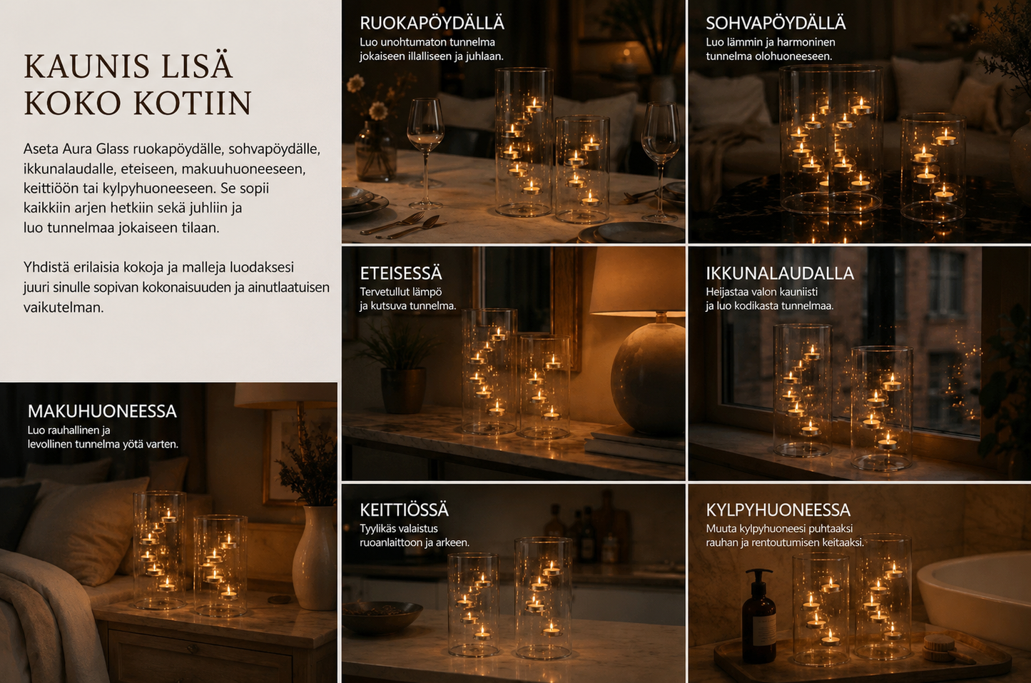 Aura Glass lasinen lämpökynttiläpidike kelluvalla valoefektillä