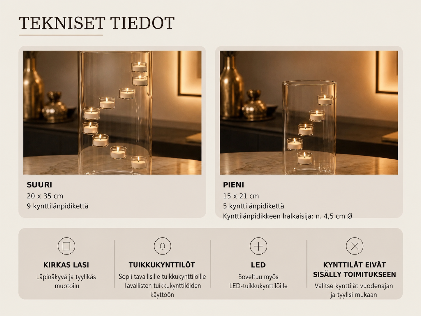 Aura Glass lasinen lämpökynttiläpidike kelluvalla valoefektillä