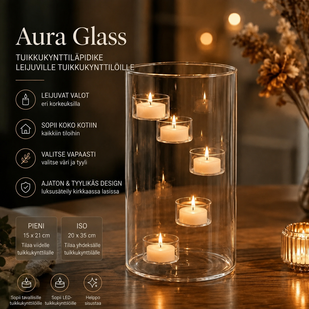 Aura Glass lasinen lämpökynttiläpidike kelluvalla valoefektillä