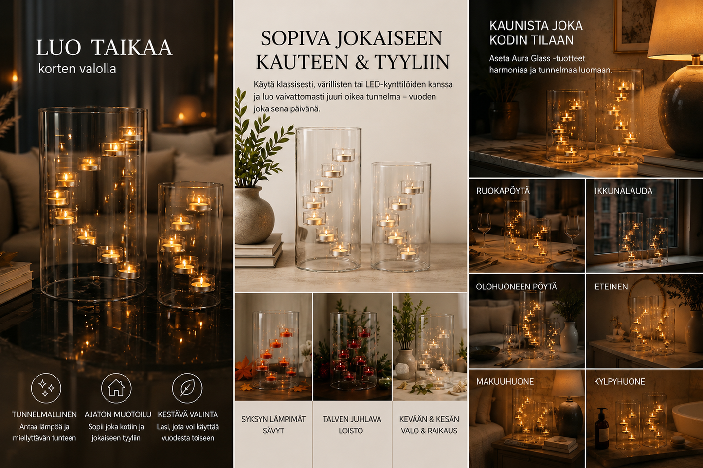 Aura Glass lasinen lämpökynttiläpidike kelluvalla valoefektillä