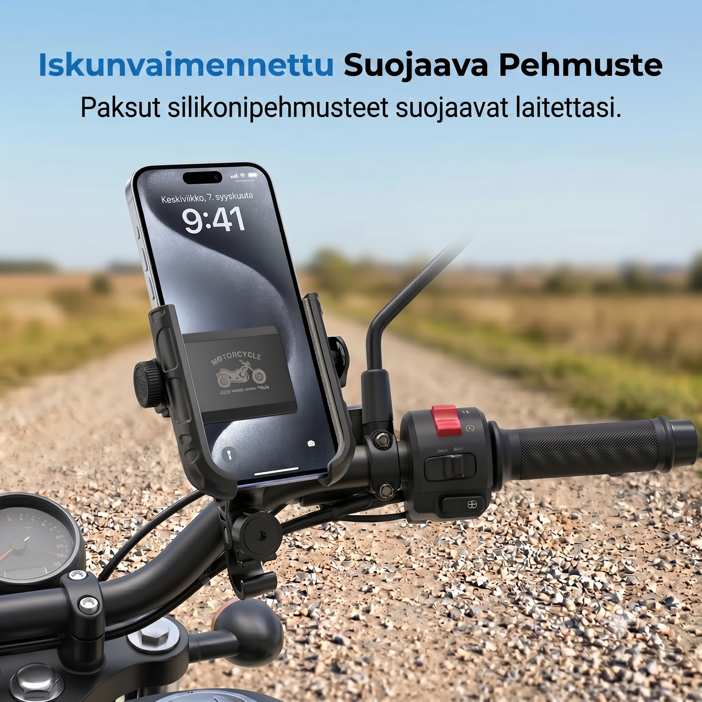 Polkupyörän puhelinteline napsautuskiinnityksellä ja turvalukituksella