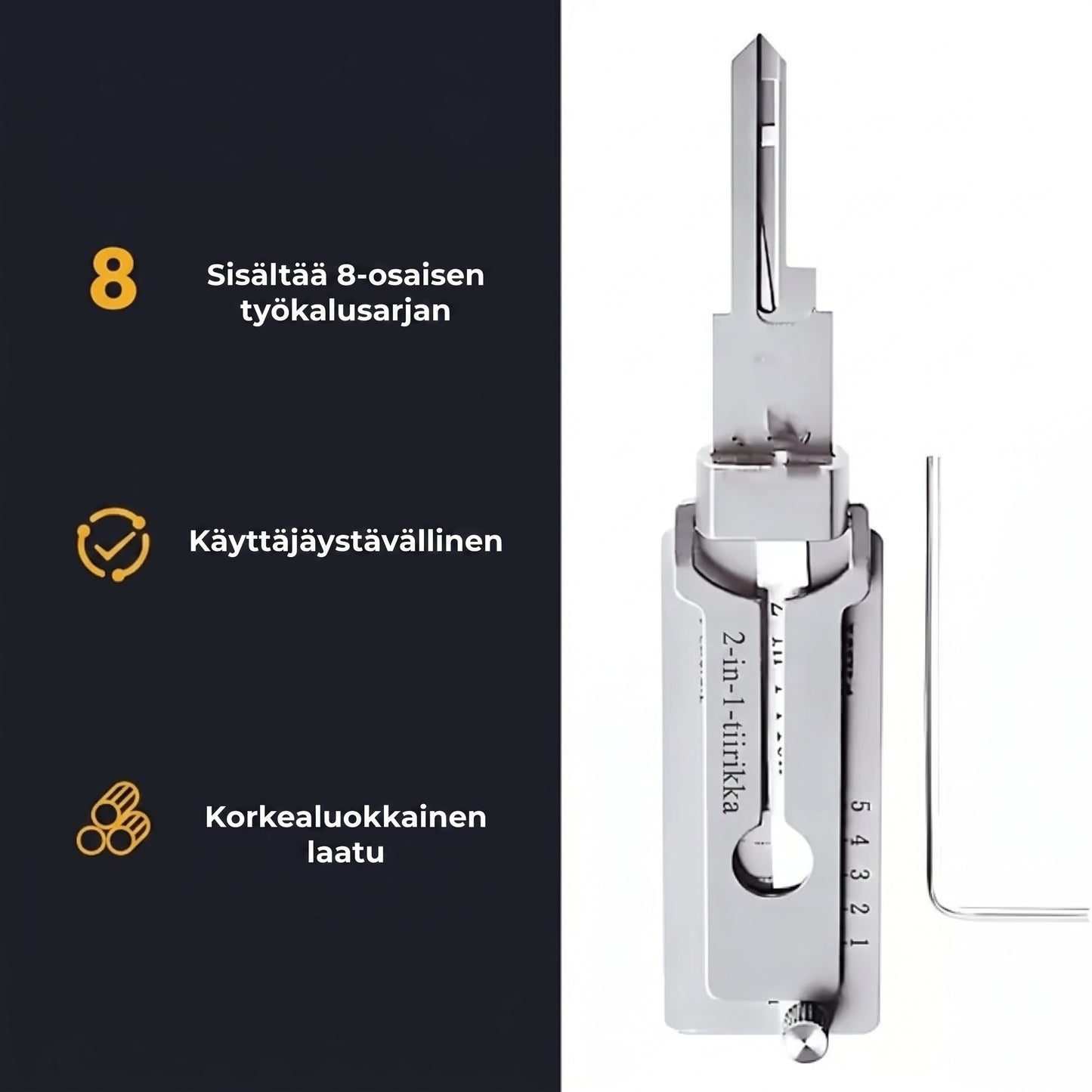Ruostumattomasta teräksestä valmistettu tiirikka ja avainkoodin lukija