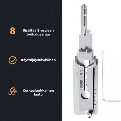Ruostumattomasta teräksestä valmistettu tiirikka ja avainkoodin lukija