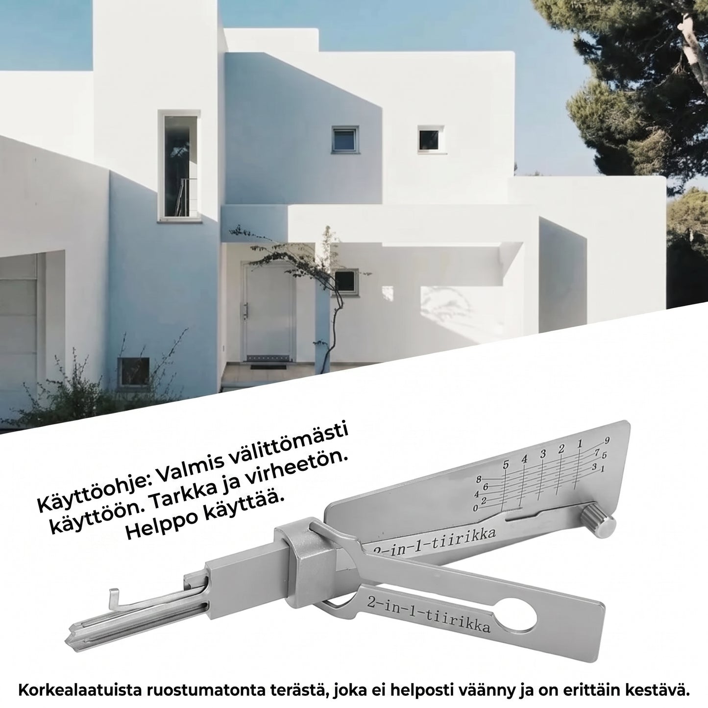 Ruostumattomasta teräksestä valmistettu tiirikka ja avainkoodin lukija