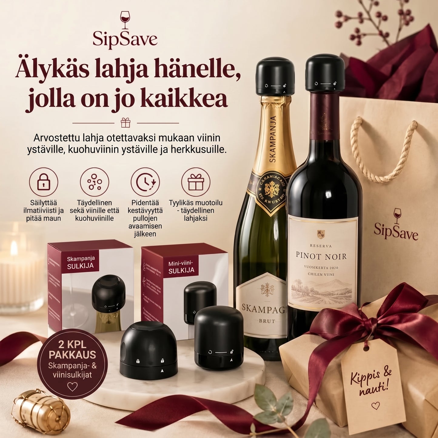 Pullojen sulkimet viinille ja samppanjalle 4 kpl