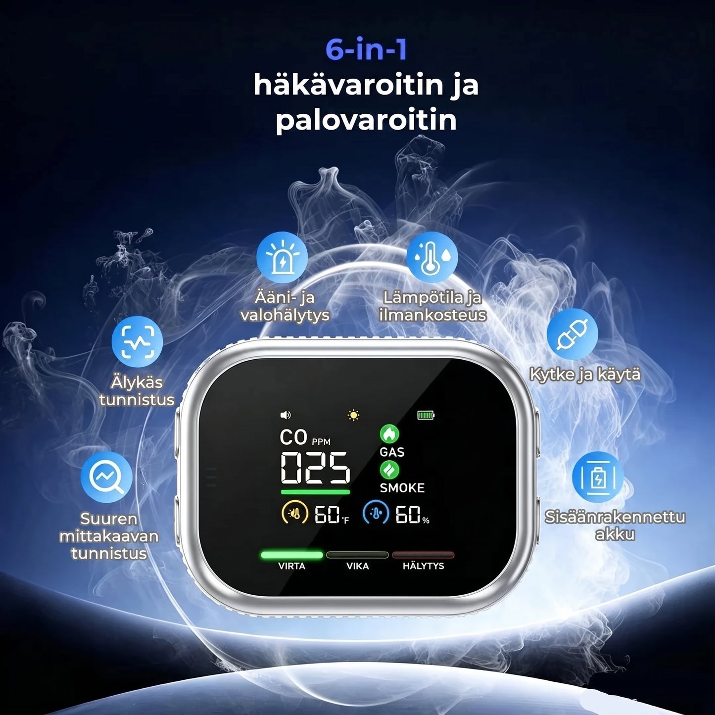 6-in-1 älykäs turvailmaisin CO-kaasulle ja savulle