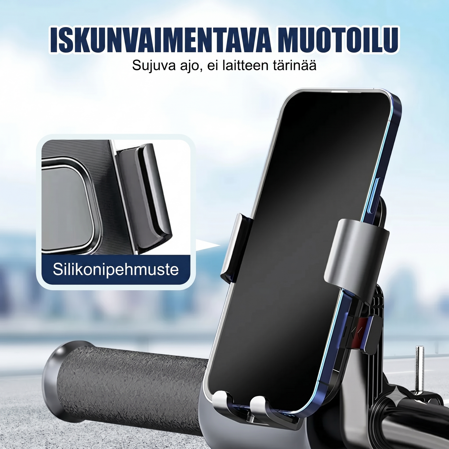 Tärinää vaimentava puhelinteline polkupyörään ja moottoripyörään