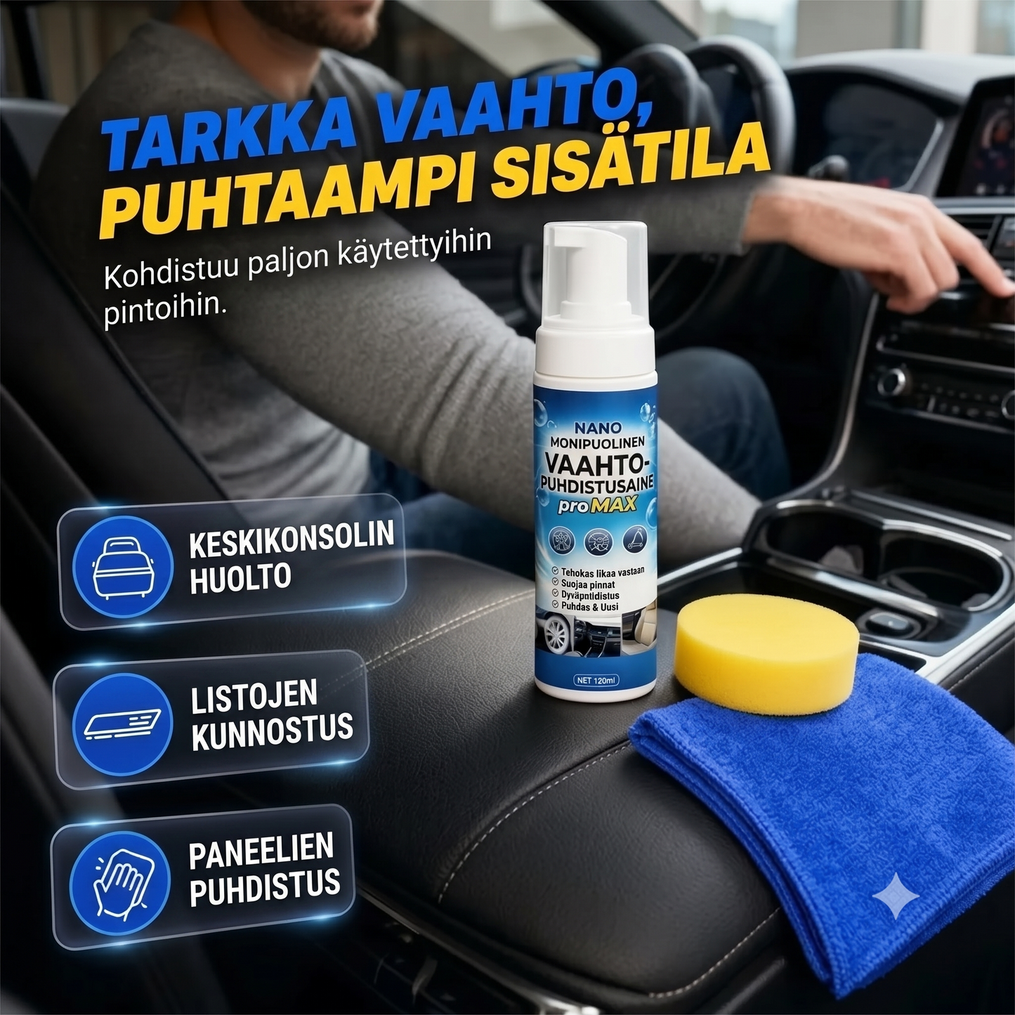 Vaahdotettu puhdistusaine kojelaudalle, nahalle ja vinyylille