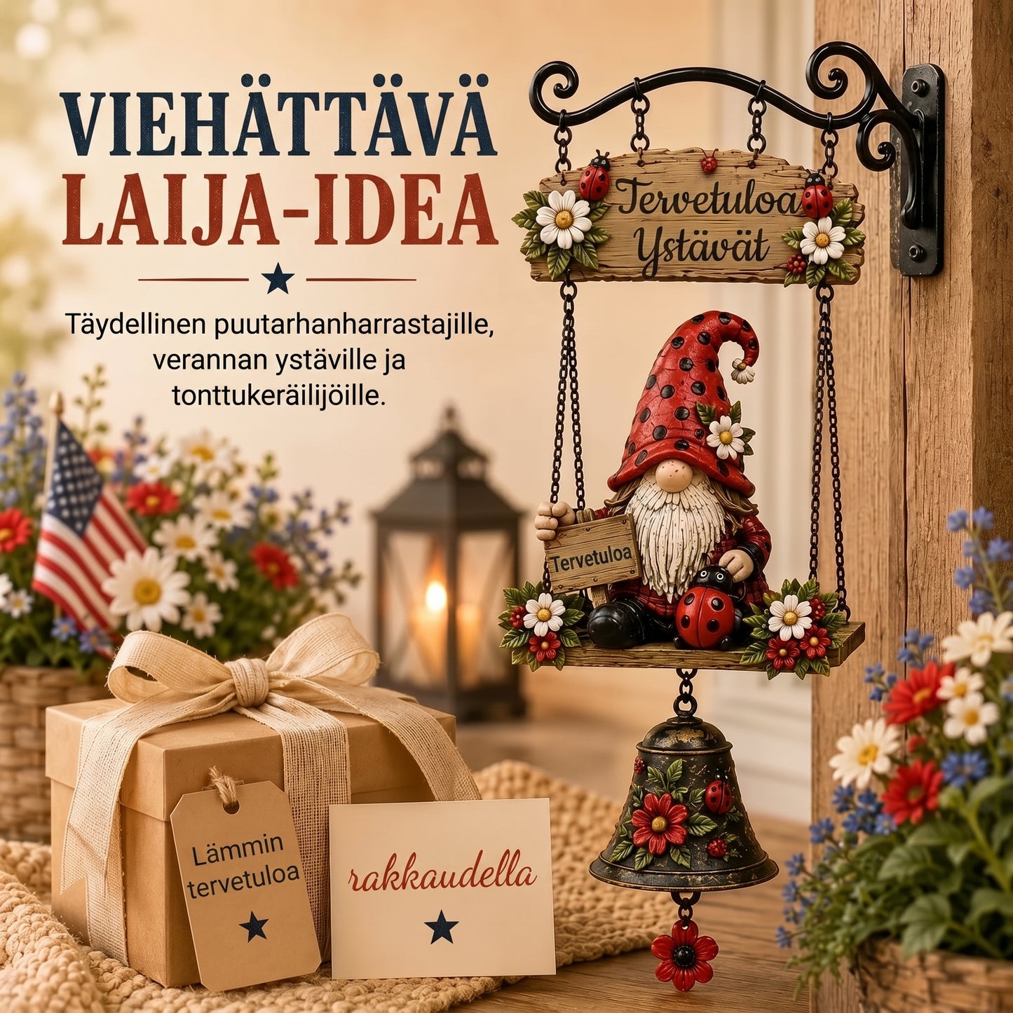 Säänkestävä puutarhakoriste sinkkiseoksesta valmistetuilla kelloilla