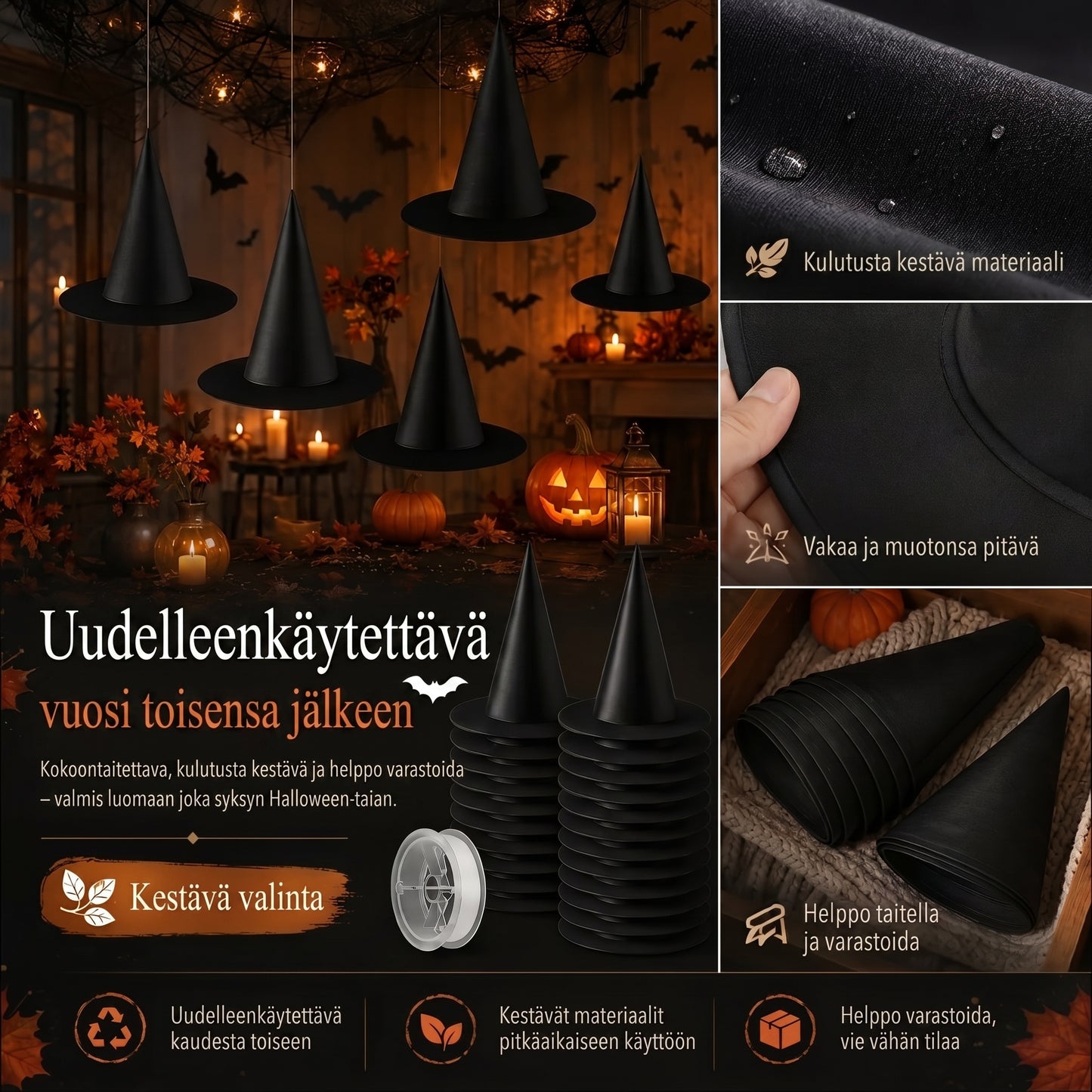 Leijuvat noidanhatut Halloween-koristeluun