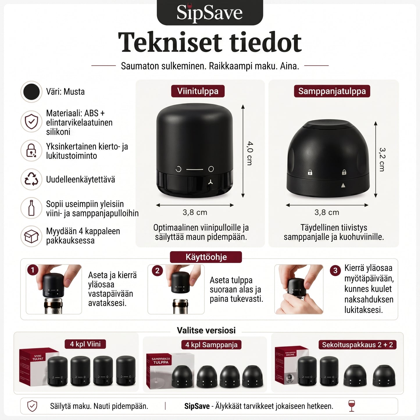 Pullojen sulkimet viinille ja samppanjalle 4 kpl