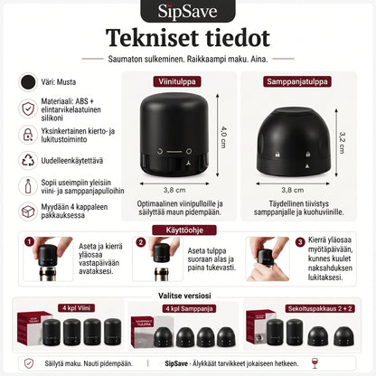 Pullojen sulkimet viinille ja samppanjalle 4 kpl