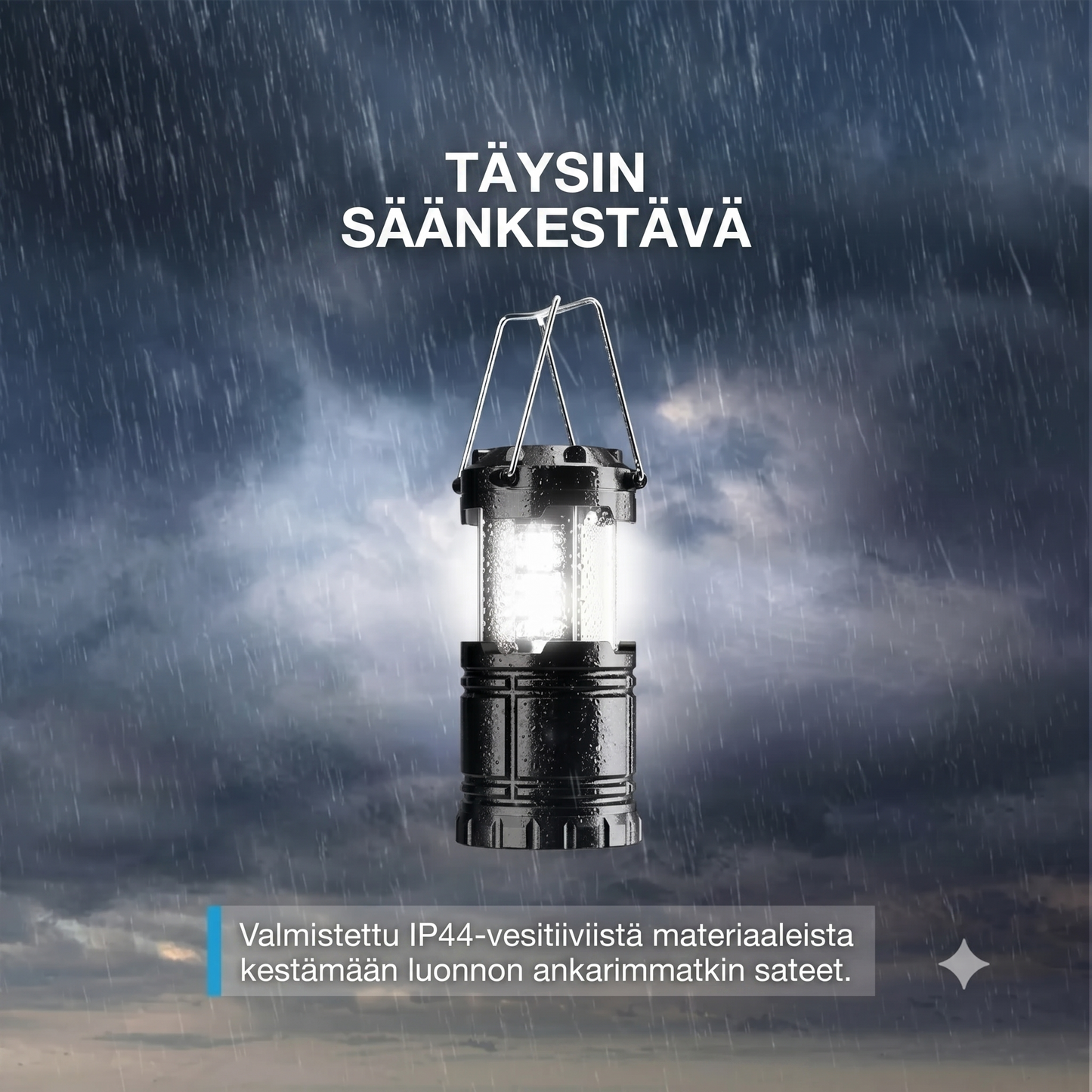 Aurinkokäyttöinen retkeilylamppu tuulettimella ja varavirtalähteellä