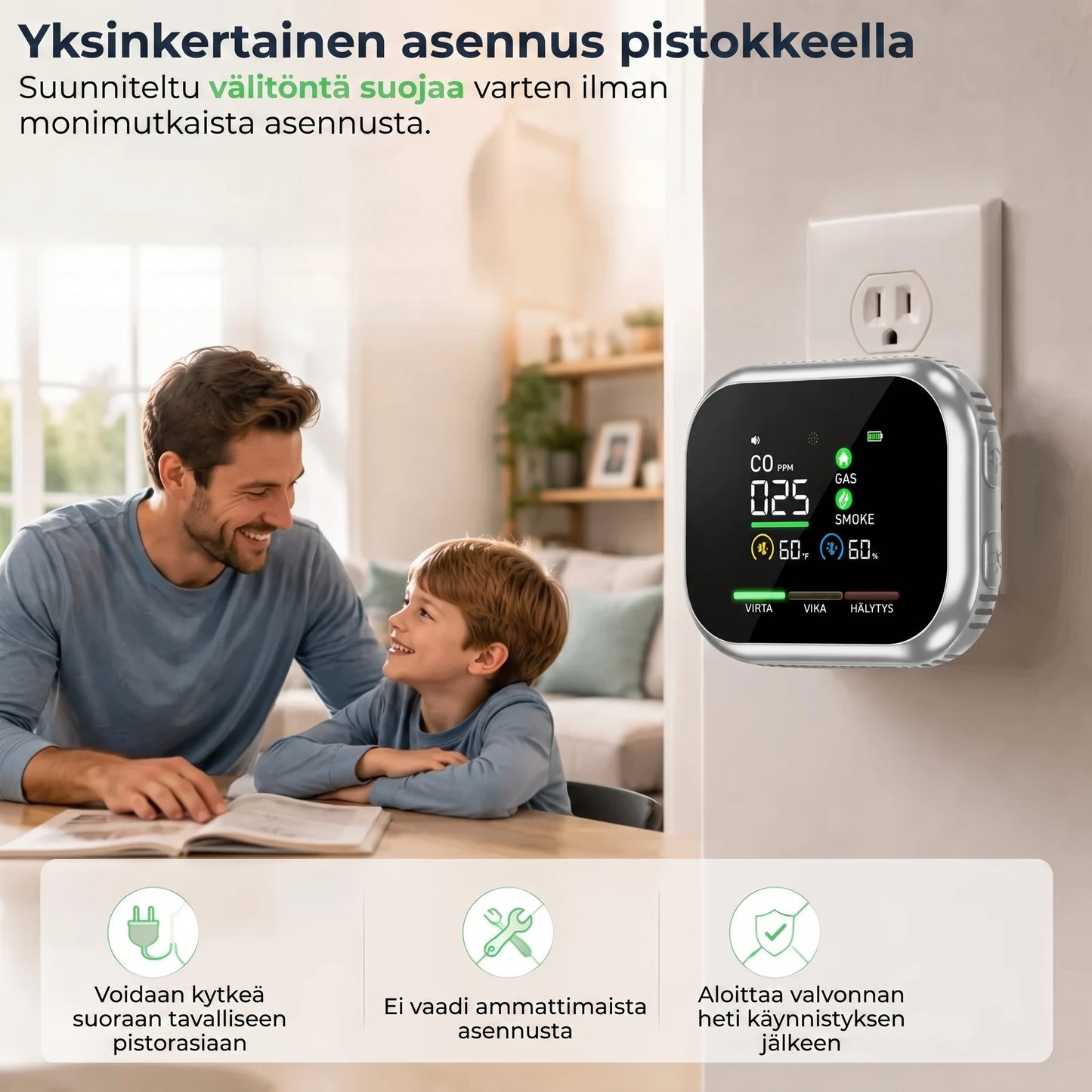 6-in-1 älykäs turvailmaisin CO-kaasulle ja savulle