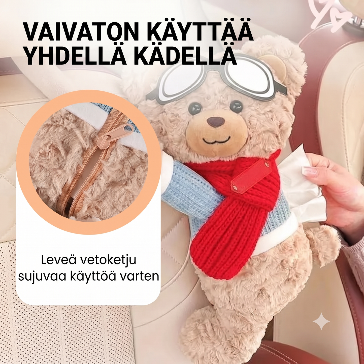 Pehmoinen karhu-nenäliinapidike autoon