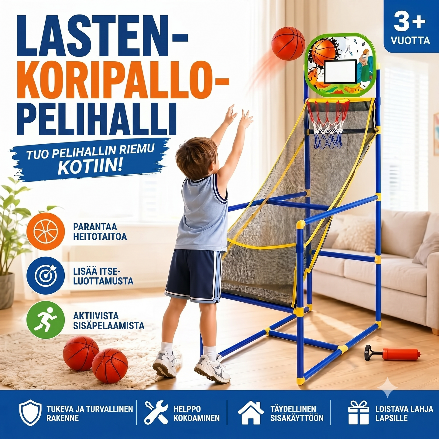 Sisäkoripallosetti neljällä pallolla ja automaattisella pallonpalautuksella