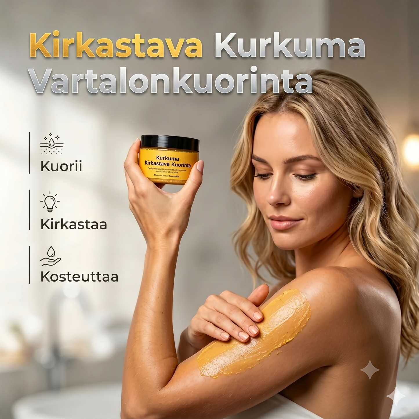 Kurkuma-vartalokuorinta stimuloi ihoa miedolla kuorinnalla ja syvällä kosteutuksella