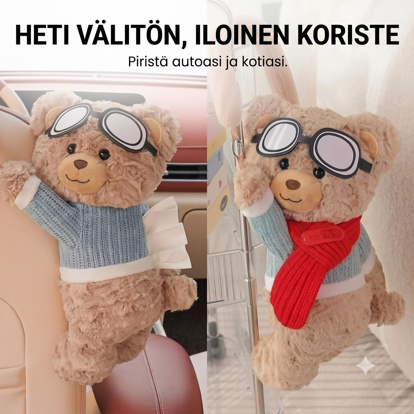 Pehmoinen karhu-nenäliinapidike autoon