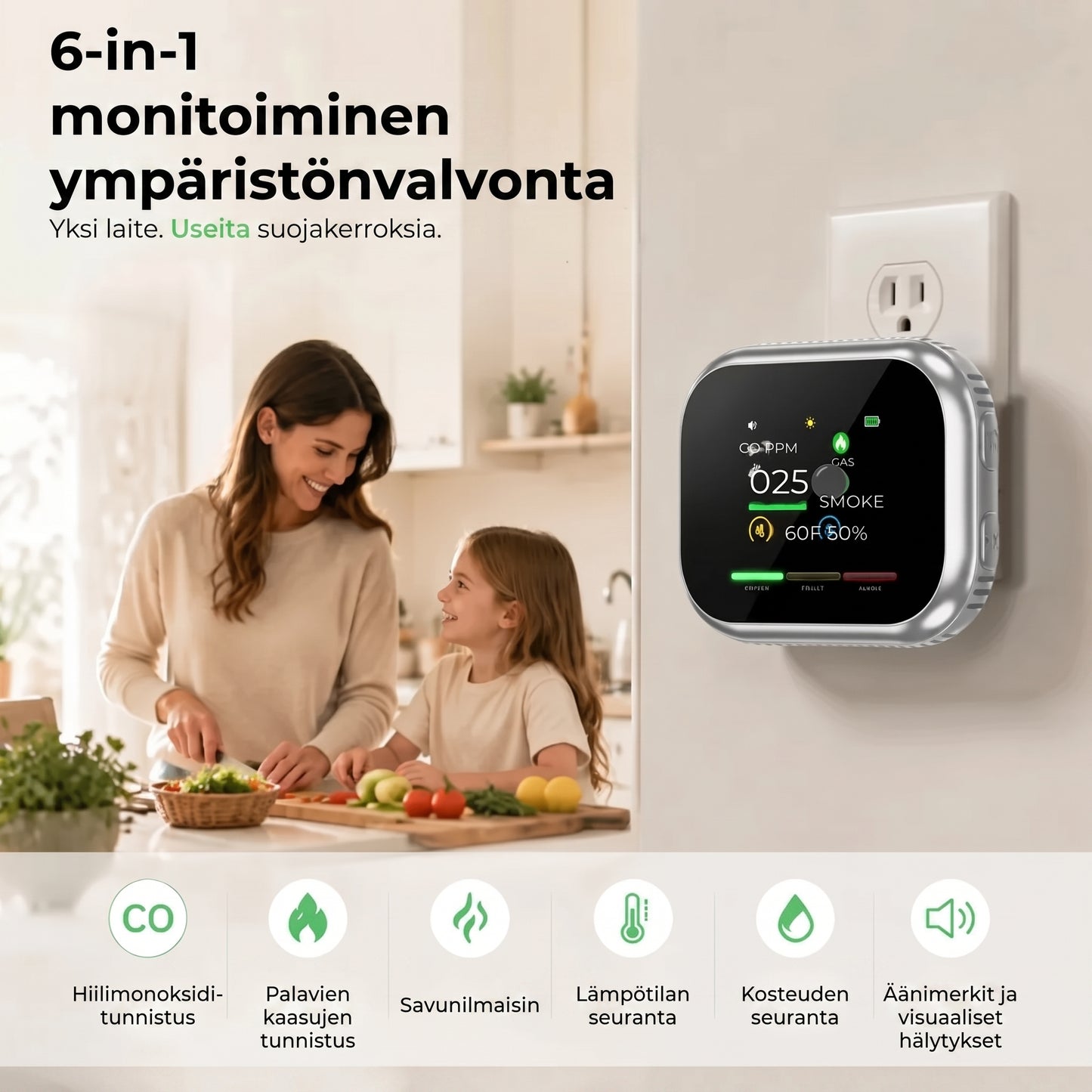 6-in-1 älykäs turvailmaisin CO-kaasulle ja savulle