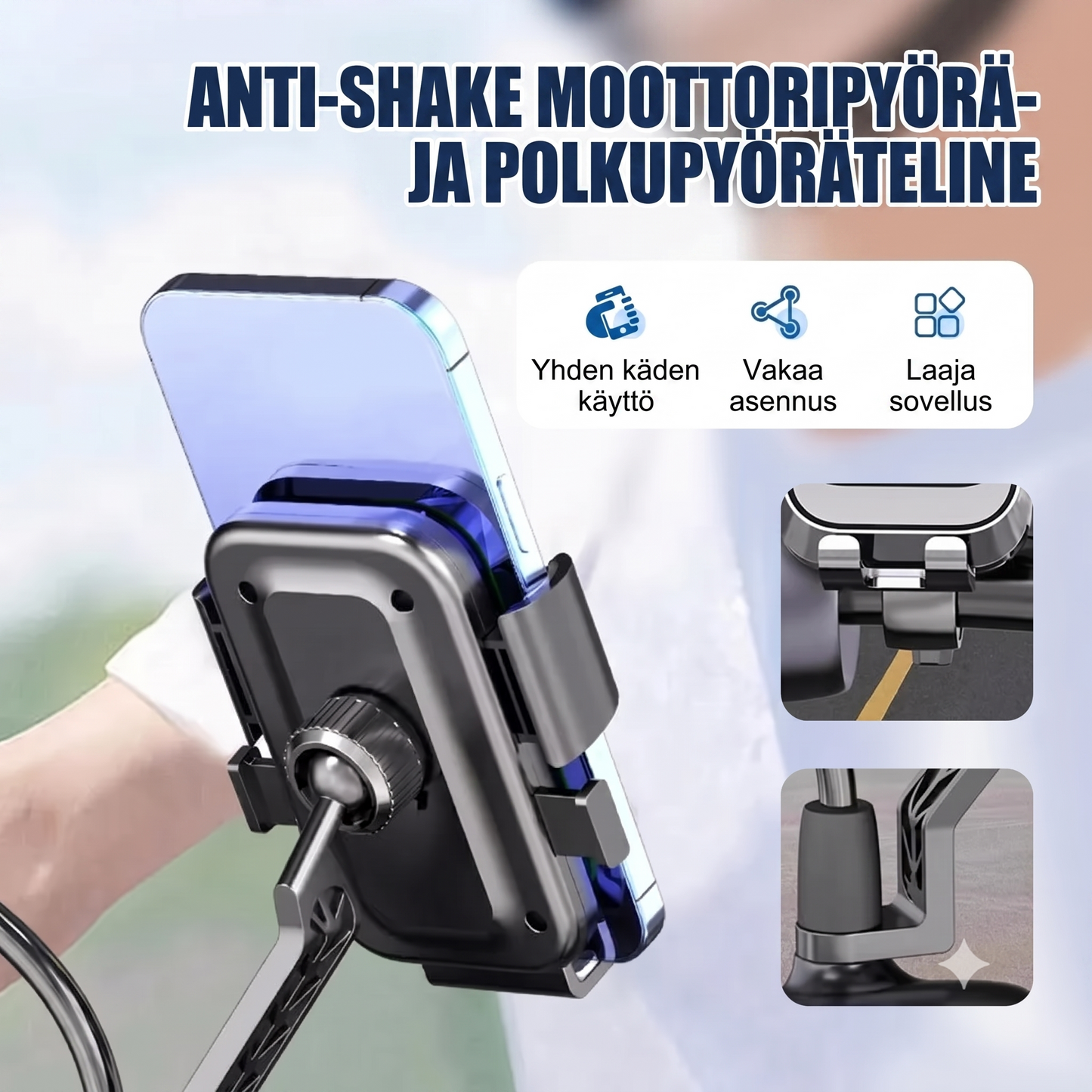 Tärinää vaimentava puhelinteline polkupyörään ja moottoripyörään
