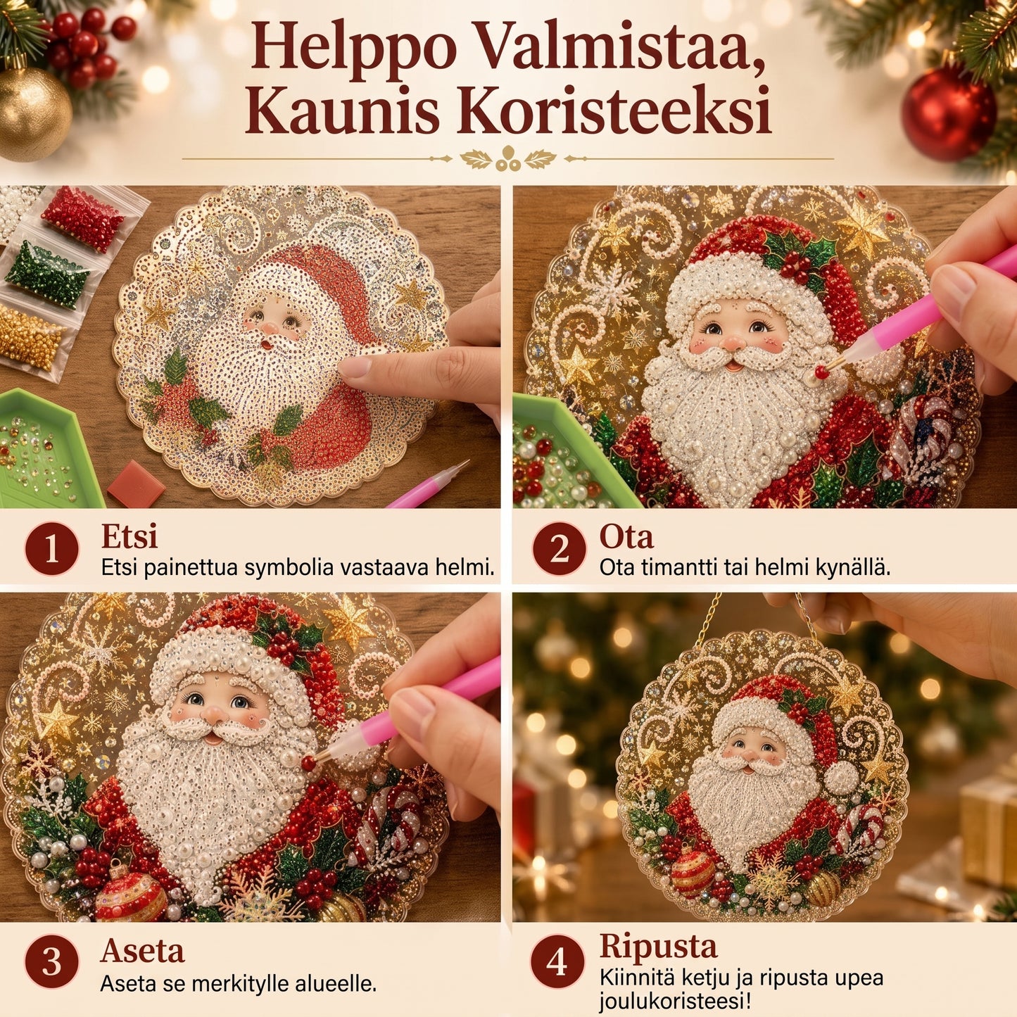 DIY-timanttitaidejoulukoristeet helmillä