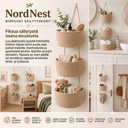 NordNest kolmiluokkainen riippuva puuvillainen säilytyskori