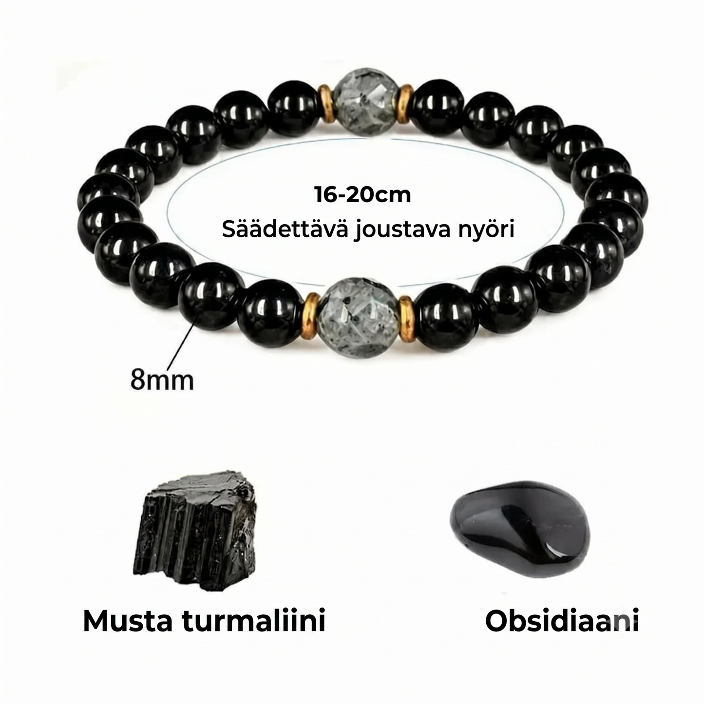 Suojaava rannekoru obsidiaanilla ja turmaliinilla