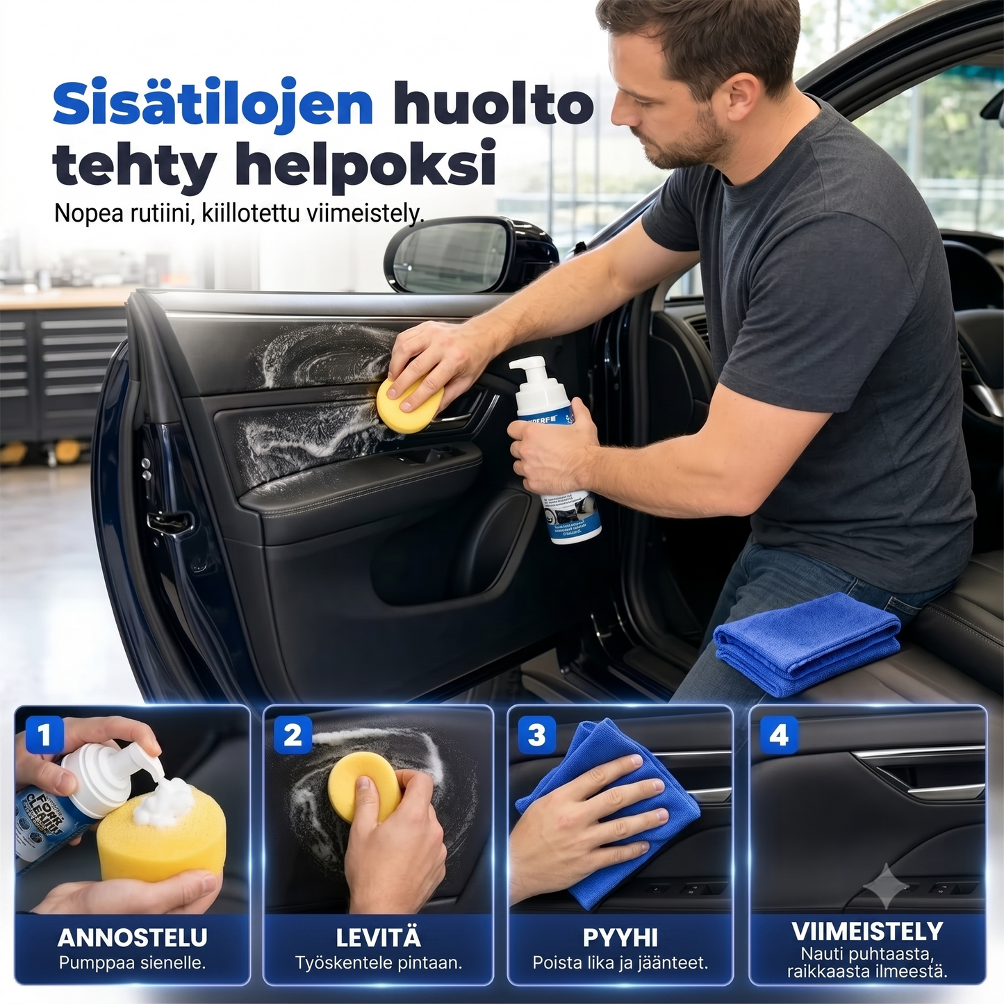 Vaahdotettu puhdistusaine kojelaudalle, nahalle ja vinyylille