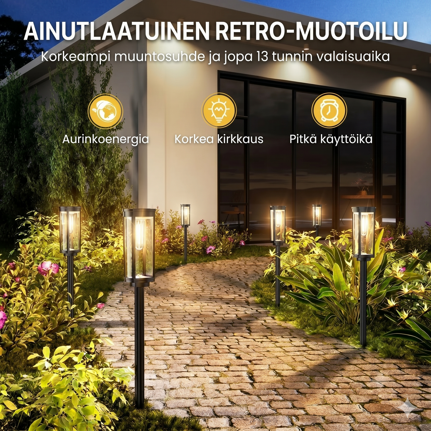 Aurinkoenergiakäyttöinen puutarhavalo – retro-muotoilu, 12–14 tunnin valaistus & IP65-vedenpitävä
