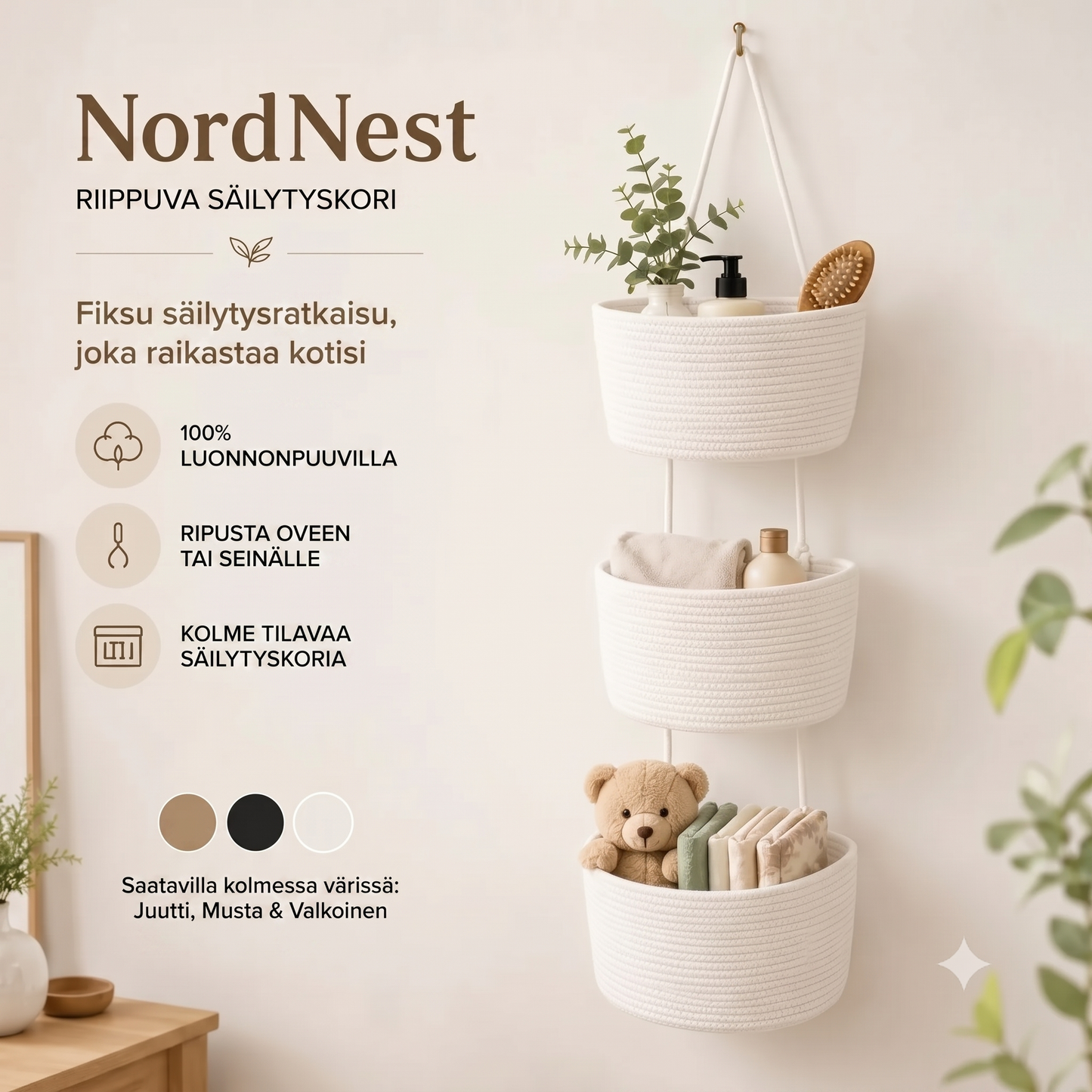NordNest kolmiluokkainen riippuva puuvillainen säilytyskori