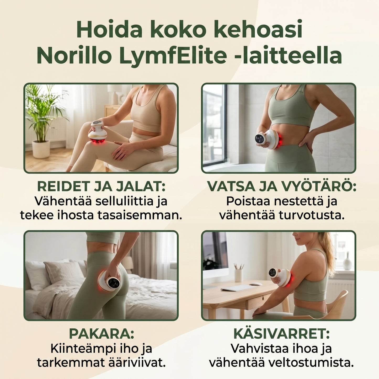 LymfElite-hierontalaite alipaineella lämmöllä ja LED-valolla