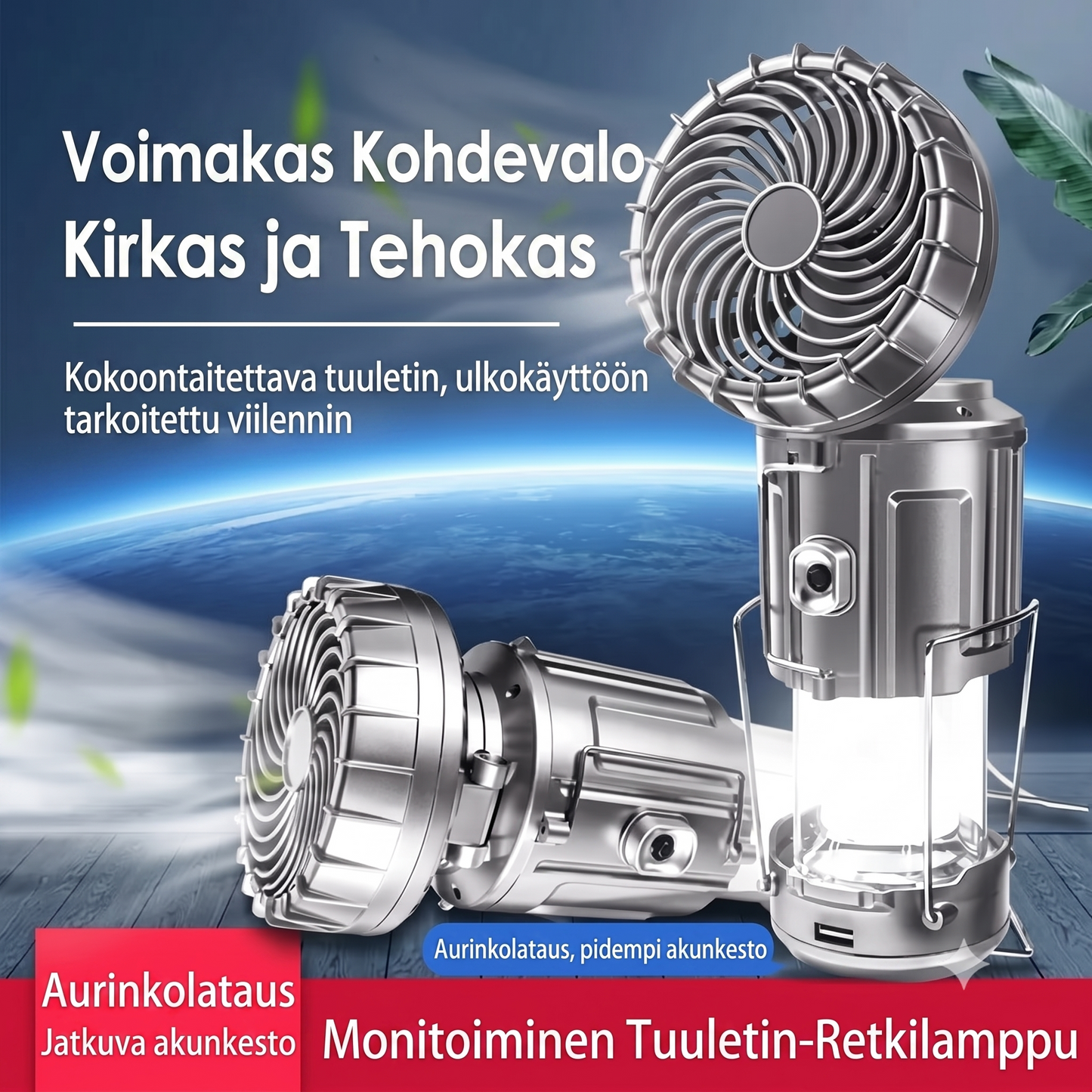 Aurinkokäyttöinen retkeilylamppu tuulettimella ja varavirtalähteellä