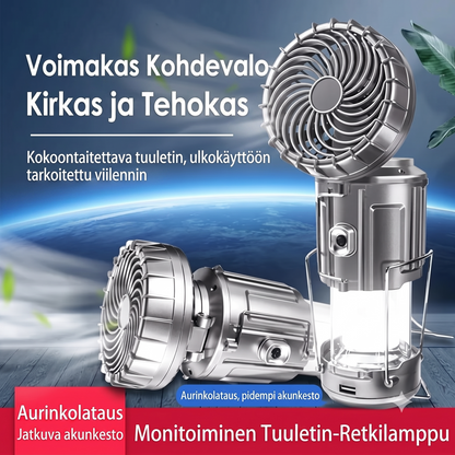 Aurinkokäyttöinen retkeilylamppu tuulettimella ja varavirtalähteellä