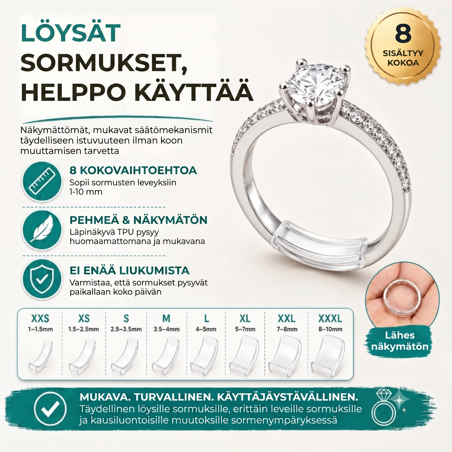 Näkymättömät sormuksen koon säätimet, 8 kpl setti
