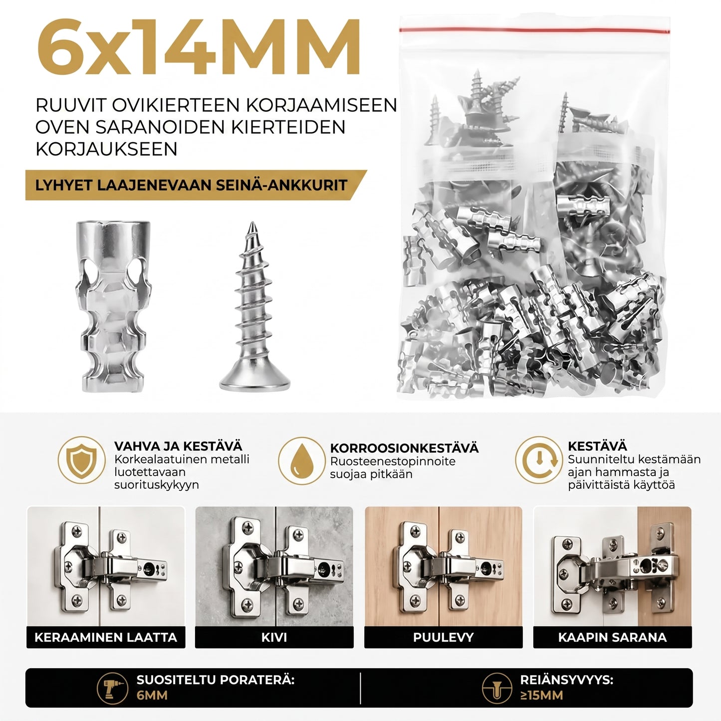 Laajenevat ruuviankkurit oven saranoille 60 kpl