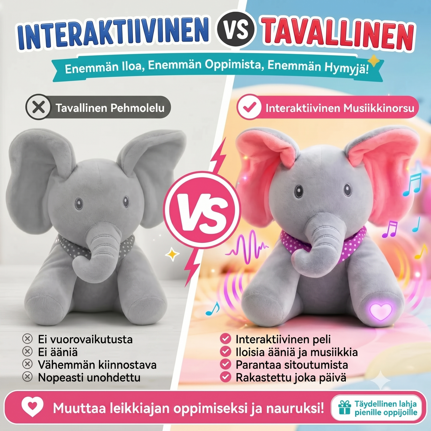 Kurkisteleva norsupehmolelu musiikilla