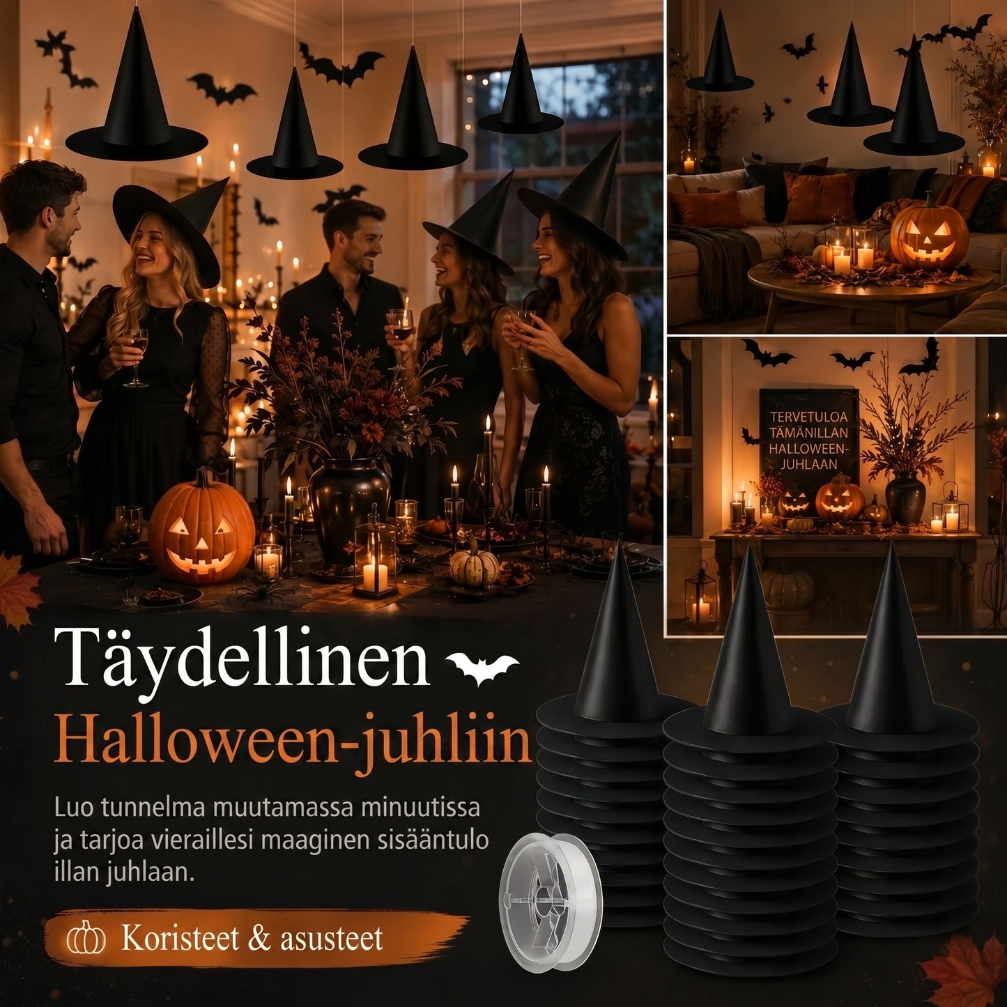 Leijuvat noidanhatut Halloween-koristeluun