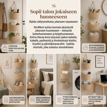 NordNest kolmiluokkainen riippuva puuvillainen säilytyskori