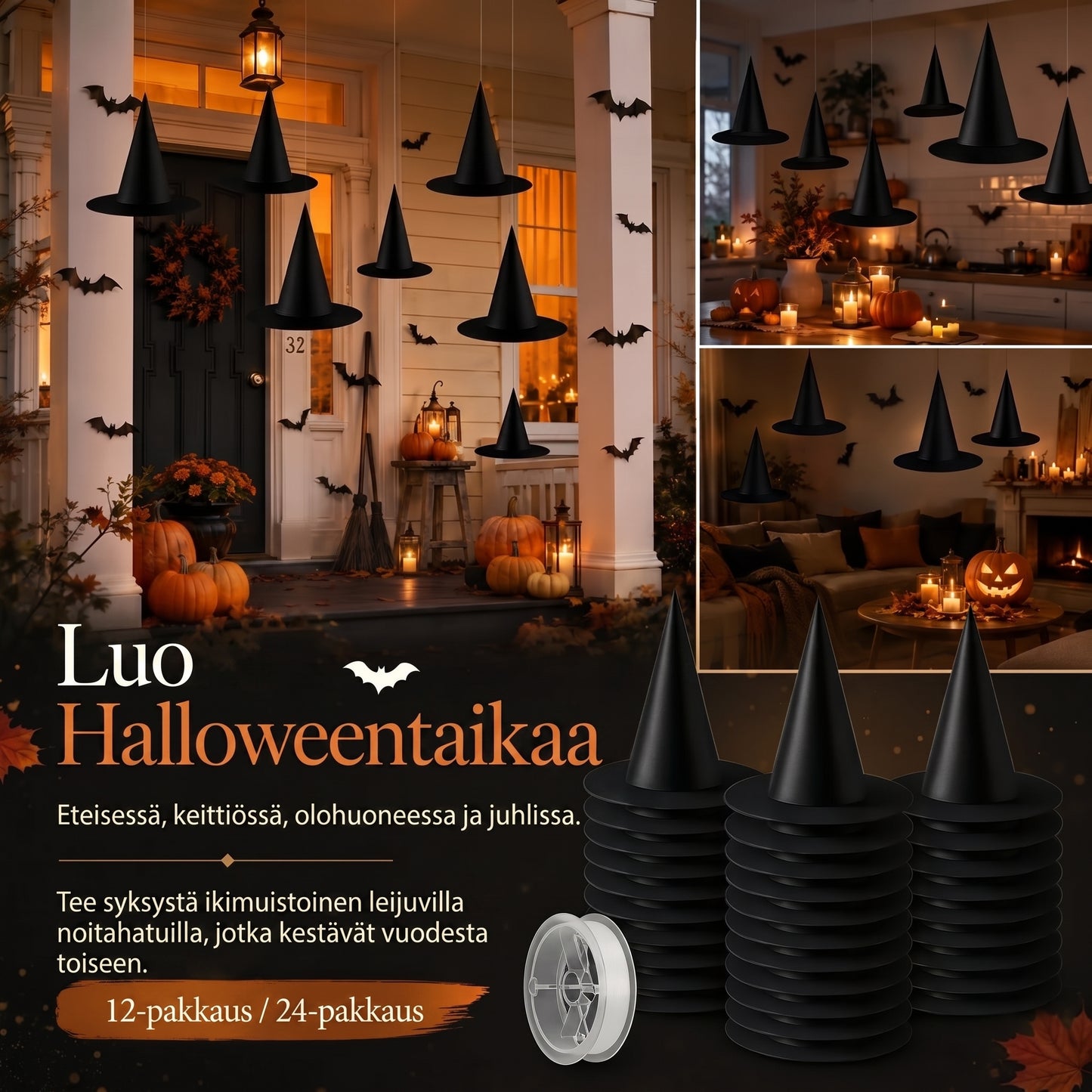 Leijuvat noidanhatut Halloween-koristeluun