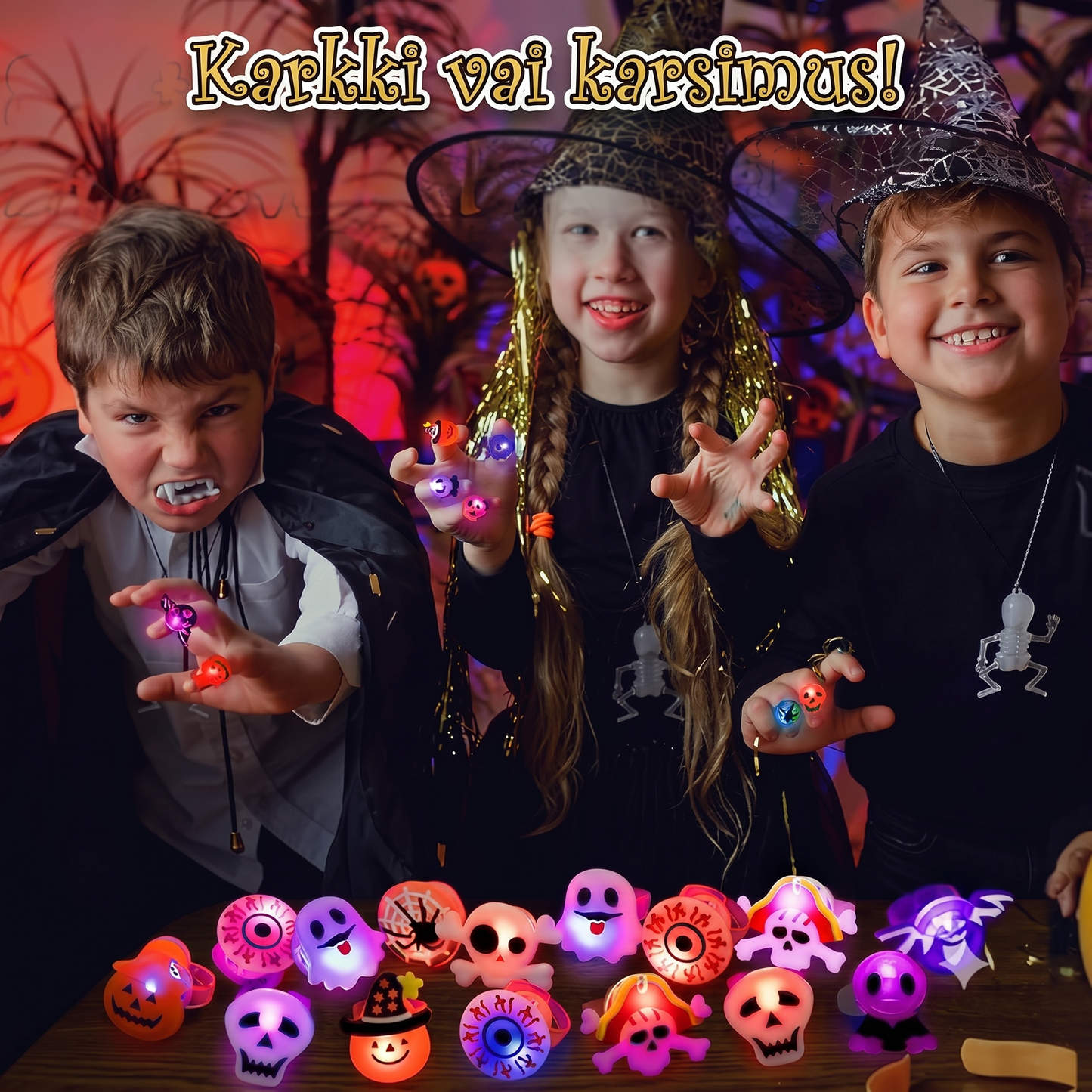 50 kappaleen sarja Halloween-LED-sormuksia