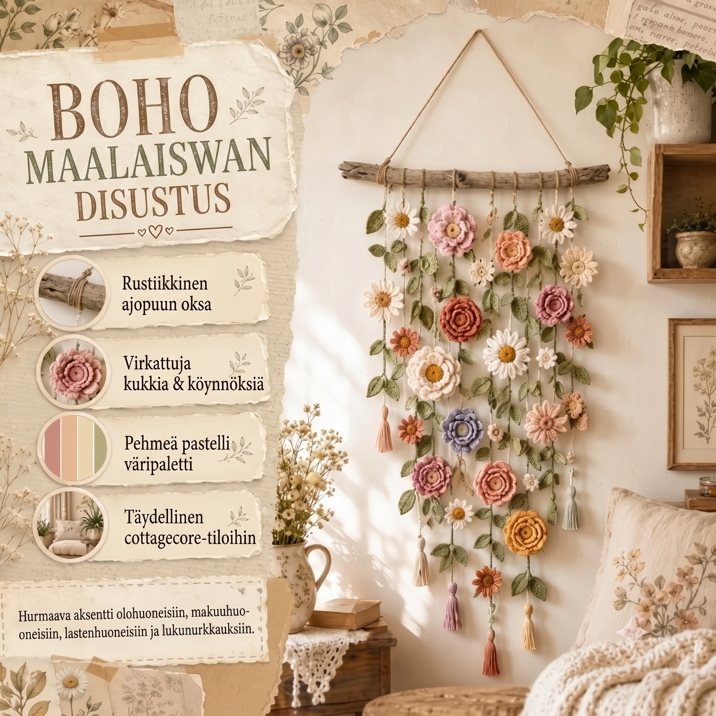 Virkatuilla kukilla koristeltu seinäkoriste