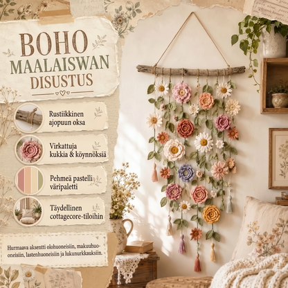 Virkatuilla kukilla koristeltu seinäkoriste