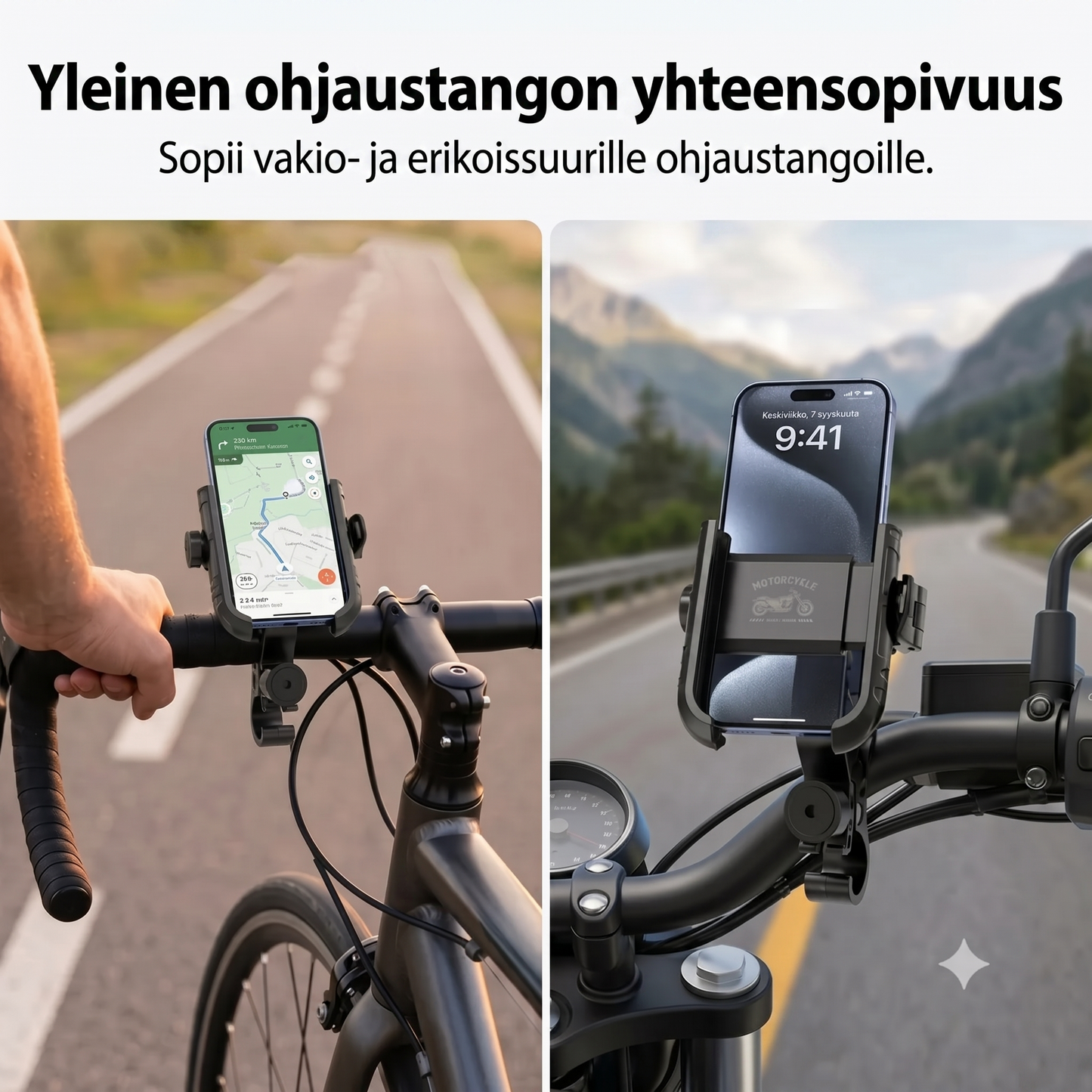 Polkupyörän puhelinteline napsautuskiinnityksellä ja turvalukituksella