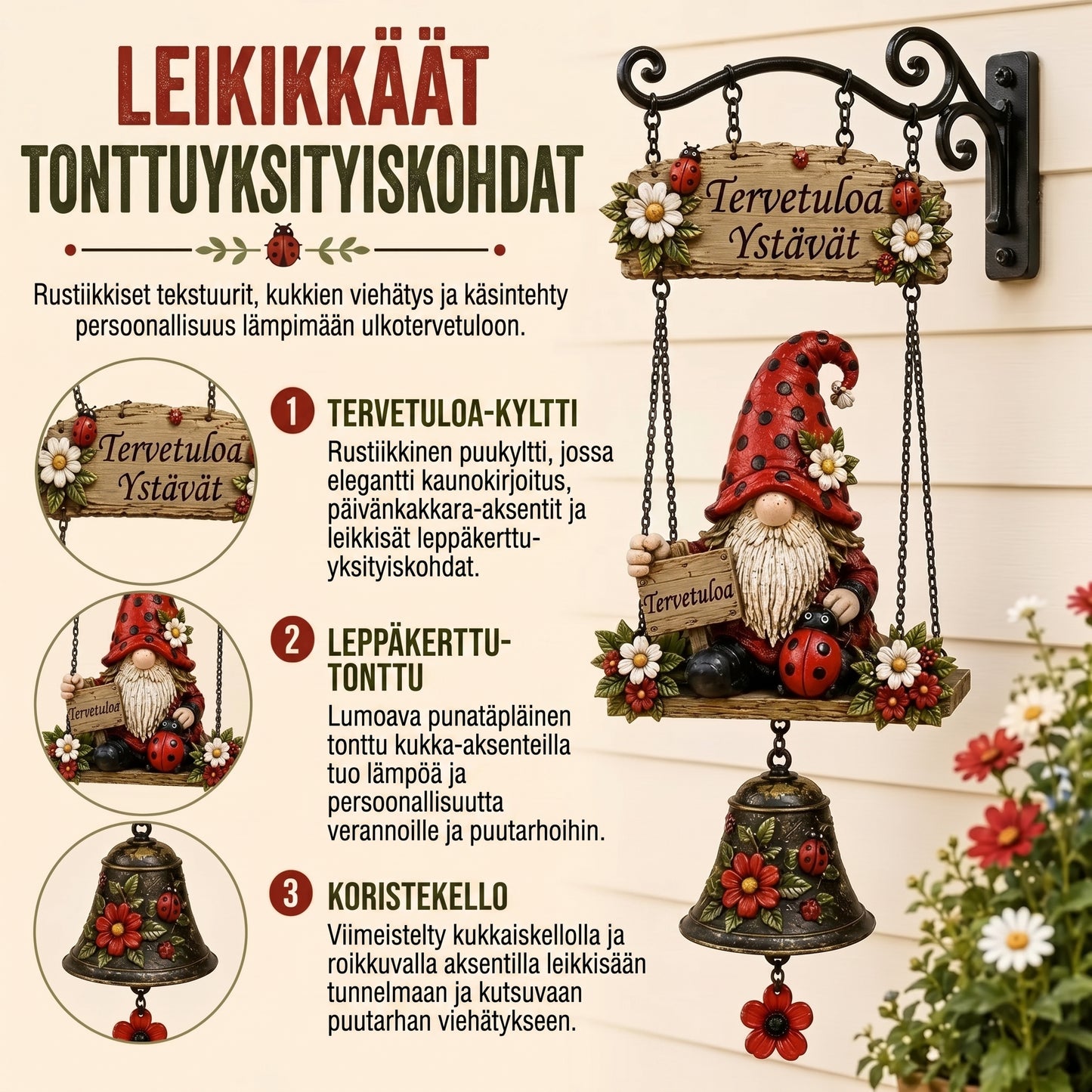 Säänkestävä puutarhakoriste sinkkiseoksesta valmistetuilla kelloilla
