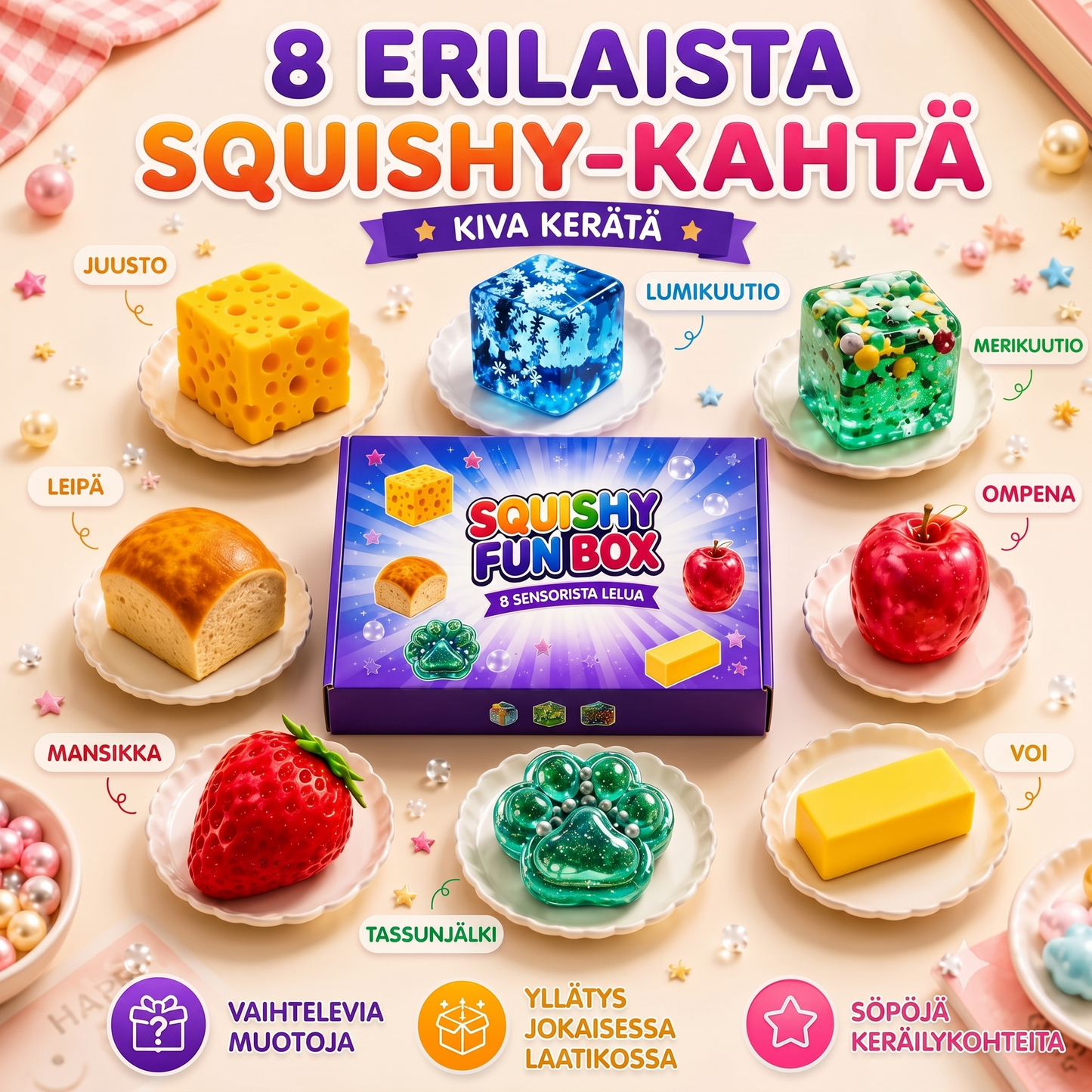 Squishy Fun Box -yllätyslaatikko (sisältää 8 squishy-lelua)