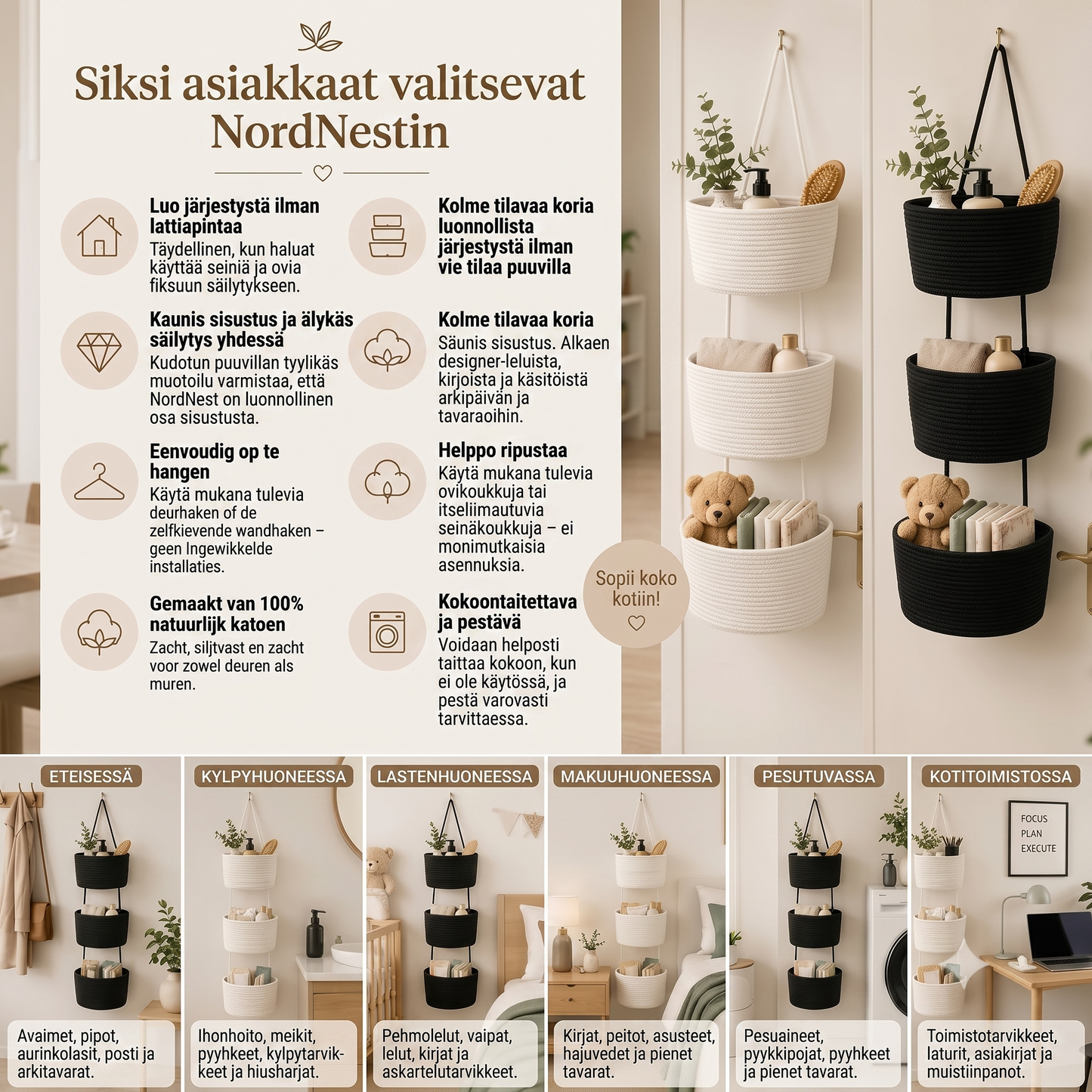 NordNest kolmiluokkainen riippuva puuvillainen säilytyskori